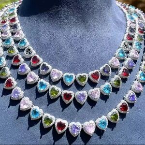 Multi color heart necklace ,Red and Green Heart Gemstone 16inch